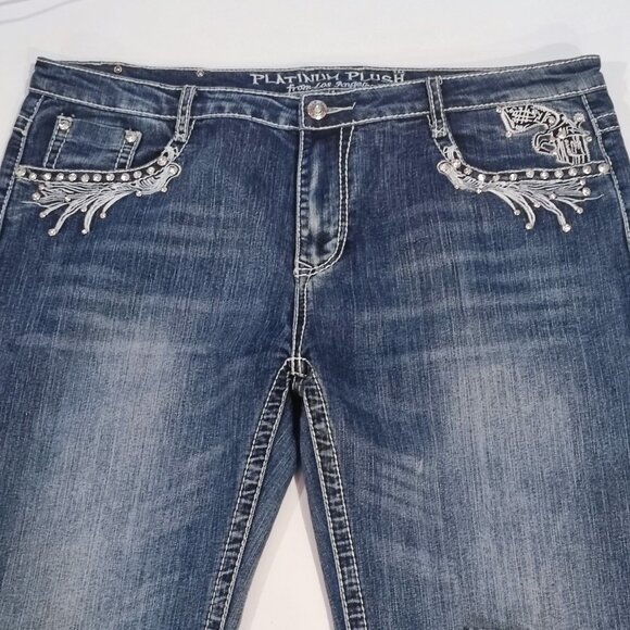 Platinum Plush jeans low rise straight leg darker blue women's size 21 - Picture 2 of 14